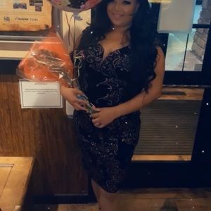 Black and gold off the shoulder dress